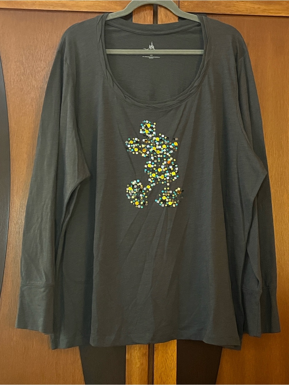 Disney Charcoal Grey Long Sleeve U Neck Top w/Multi-Color Sequin Mickey Mouse